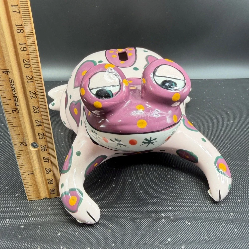 Ganz Bella Casa Ceramic Frog Piggy Bank Hand Painted Hearts Polka‎ Dots Pink